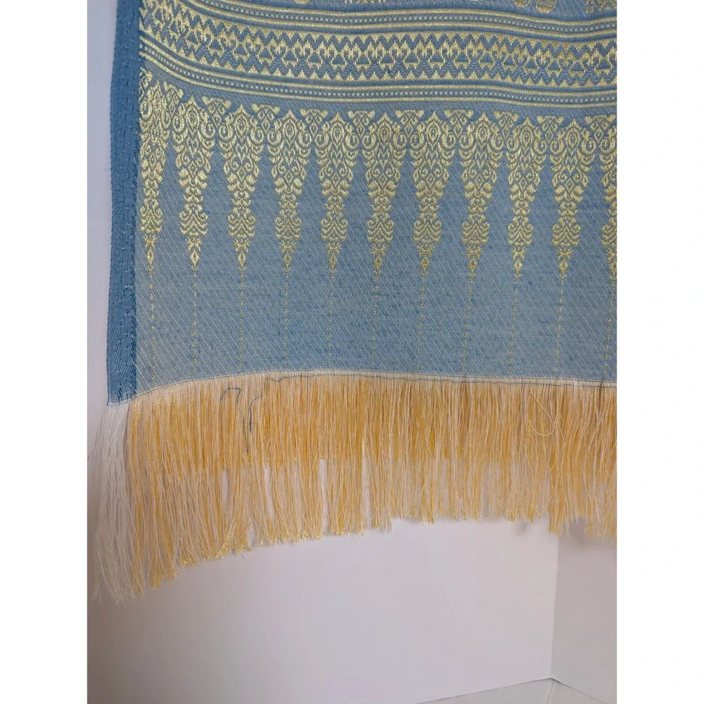 Handmade Thai Golden Elephant Blue & Gold Rectangle Tablecloth Fringe 40x78